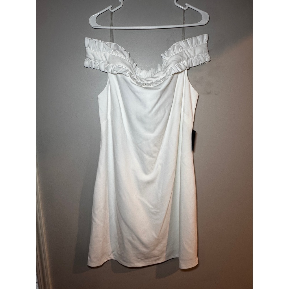 Marina Ivory Off The Shoulder Ruffle Sheath Dress Size 12 NWT 267354